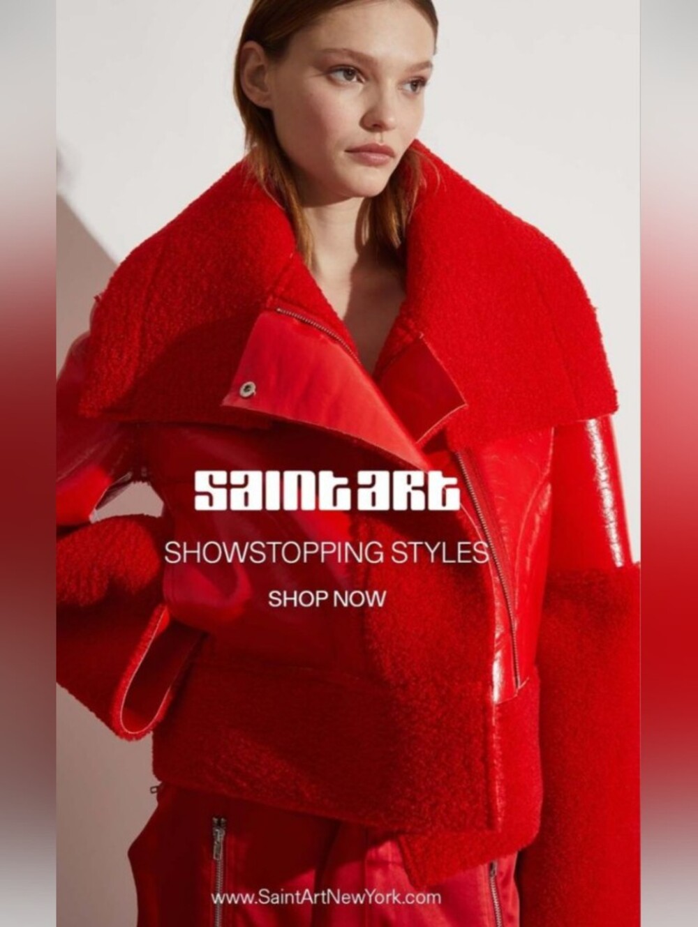 SAINTART New York  Red Shearling-Trim Moto Jacket Size S/M